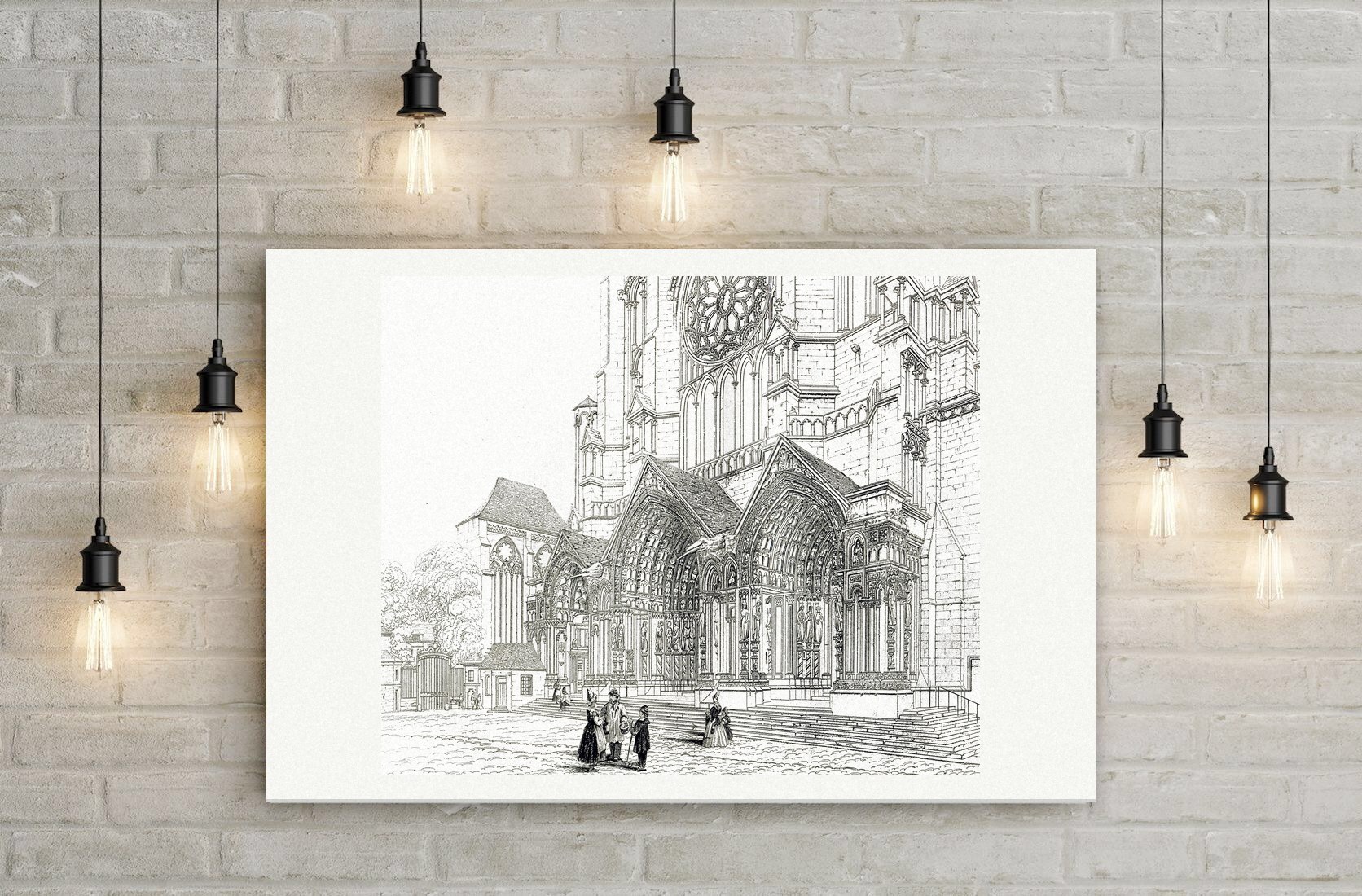 Chartres, Nordportal der Kathedrale mit Figurenschmuck und Rosette, Stahlstich aus Paynes Universum um 1860, Leinwanddruck auf Holzkeilrahmen an der Wand