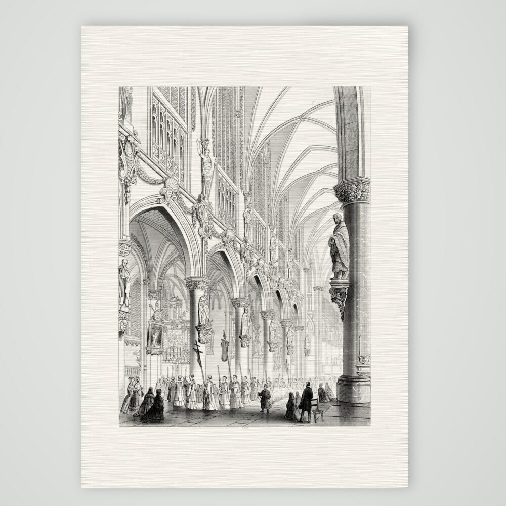 Mecheln, das Innere der Kathedrale – Stahlstich, Kunstdruck auf Leinenpapier