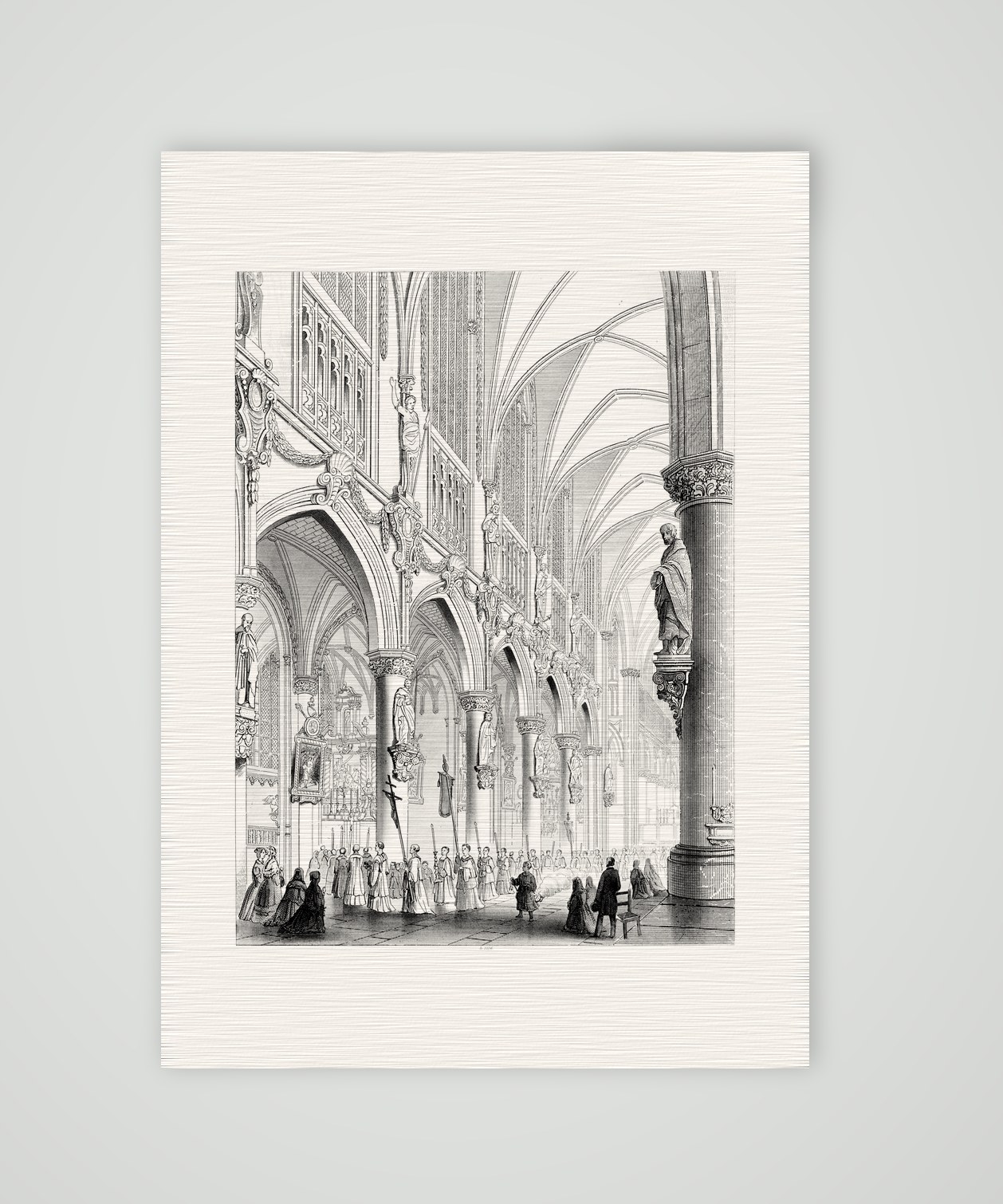Mecheln, das Innere der Kathedrale – Stahlstich, Kunstdruck auf Leinenpapier