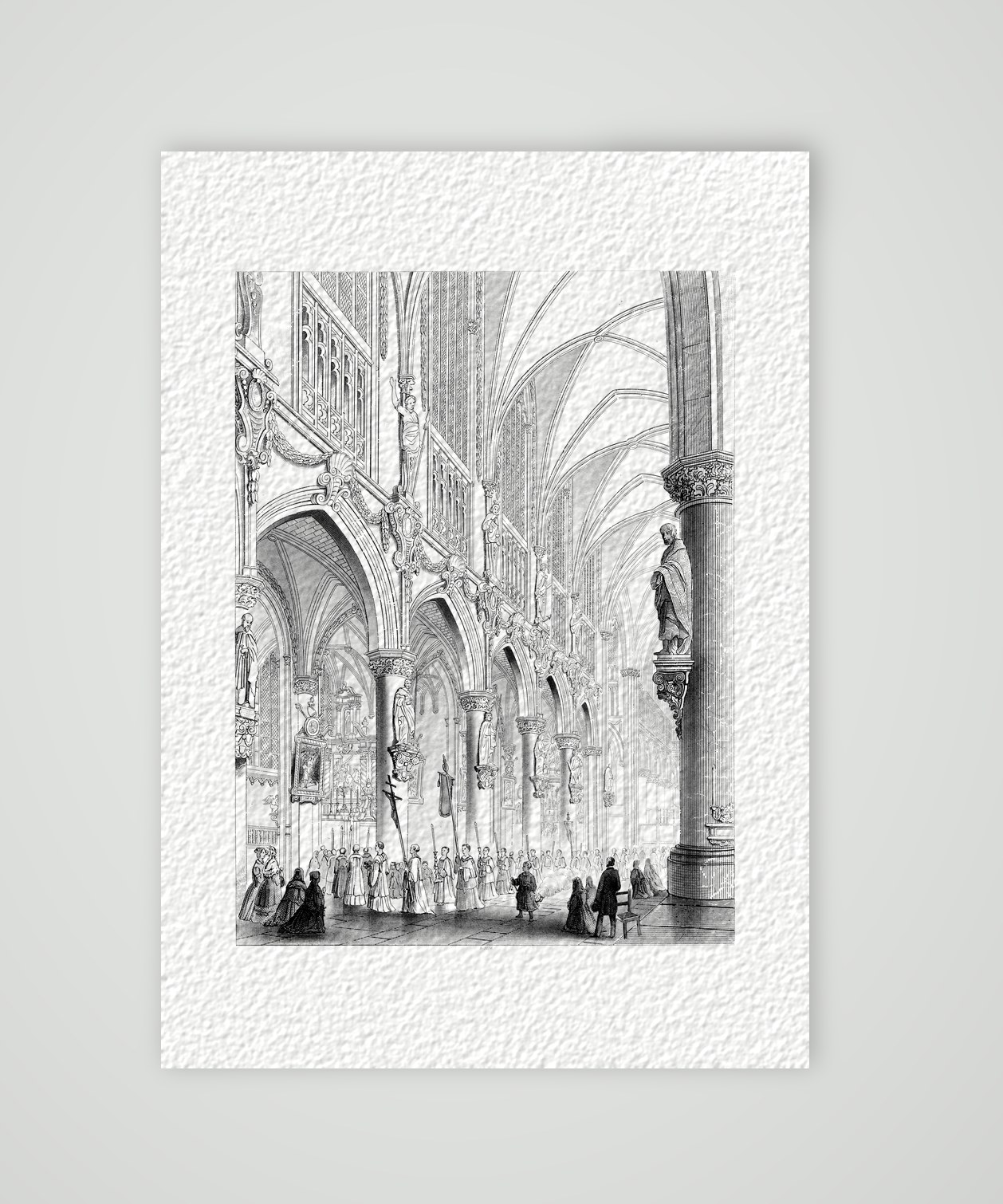 Mecheln, das Innere der Kathedrale – Stahlstich, Kunstdruck auf Hahnemühle-Büttenpapier