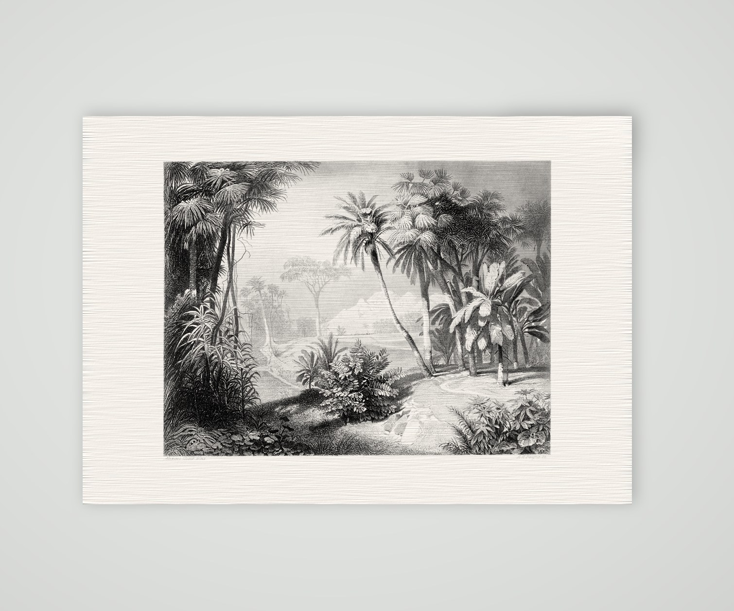 Tropische Landschaft mit Palmen – Stahlstich, Kunstdruck auf Leinenpapier