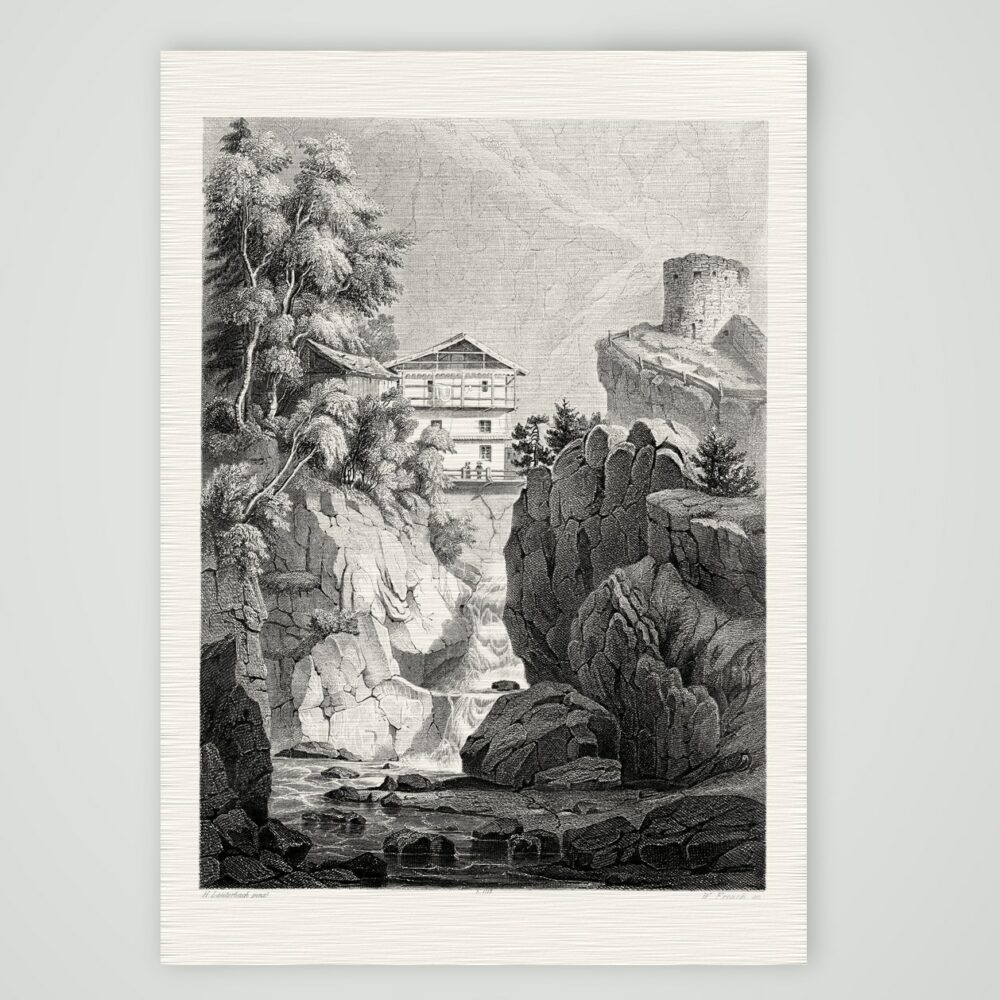 Mühle und Wasserfall bei Landeck – Stahlstich, Kunstdruck auf Leinenpapier
