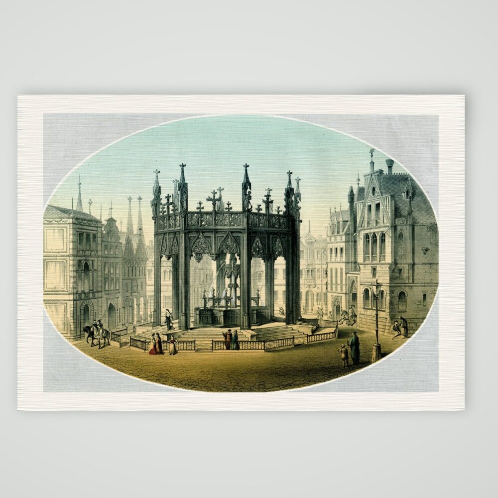 Gotischer Brunnen auf einem Marktplatz – Stahlstich, Kunstdruck auf Leinenpapier