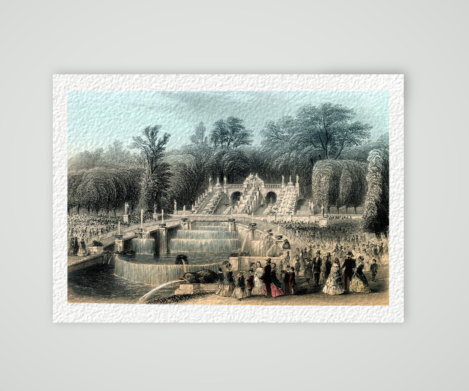 Saint-Cloud, die Kaskaden im Park – Stahlstich, Kunstdruck auf Hahnemühle-Büttenpapier