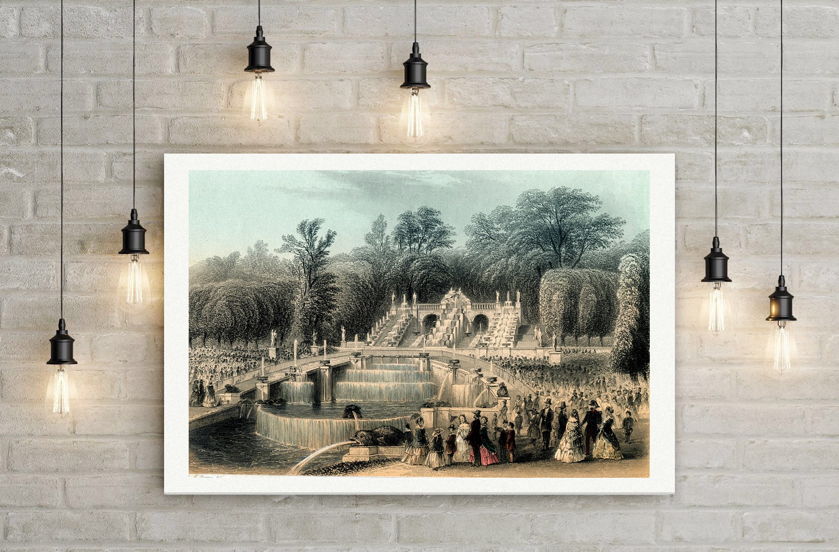 Saint-Cloud, die Kaskaden im Park – Stahlstich, Leinwanddruck auf Holzkeilrahmen an der Wand