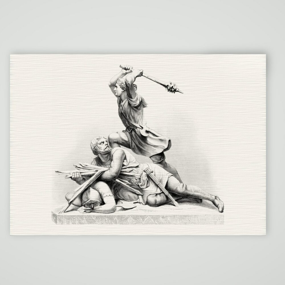 Arnold von Winkelried – Skulpturengruppe – Stahlstich, Kunstdruck auf Leinenpapier