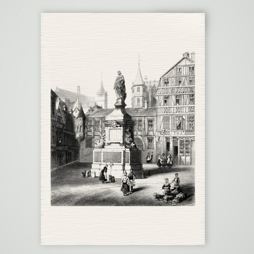 Rouen, das Denkmal der Jungfrau von Orléans – Stahlstich, Kunstdruck auf Leinenpapier