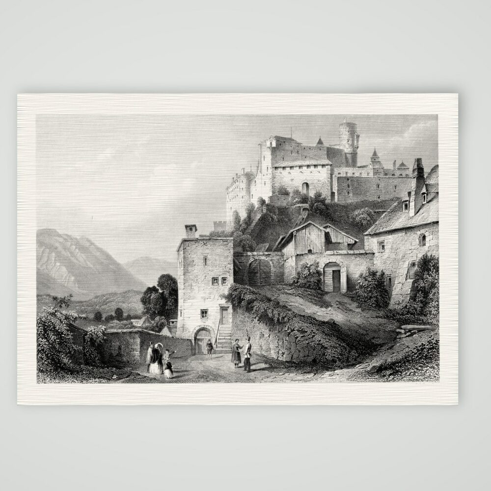 Salzburg, das Nonnbergtor unter der Festung – Stahlstich, Kunstdruck auf Leinenpapier