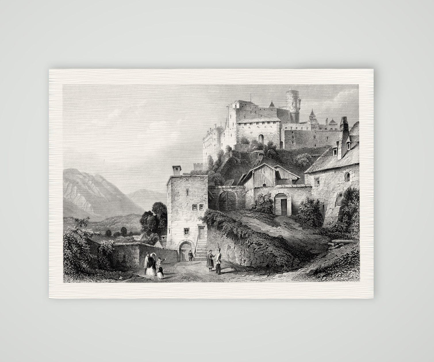Salzburg, das Nonnbergtor unter der Festung – Stahlstich, Kunstdruck auf Leinenpapier