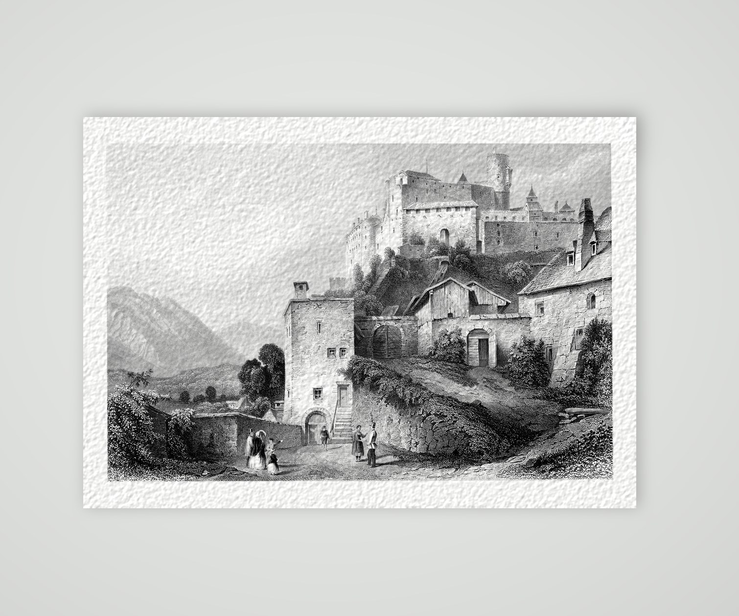 Salzburg, das Nonnbergtor unter der Festung – Stahlstich, Kunstdruck auf Hahnemühle-Büttenpapier