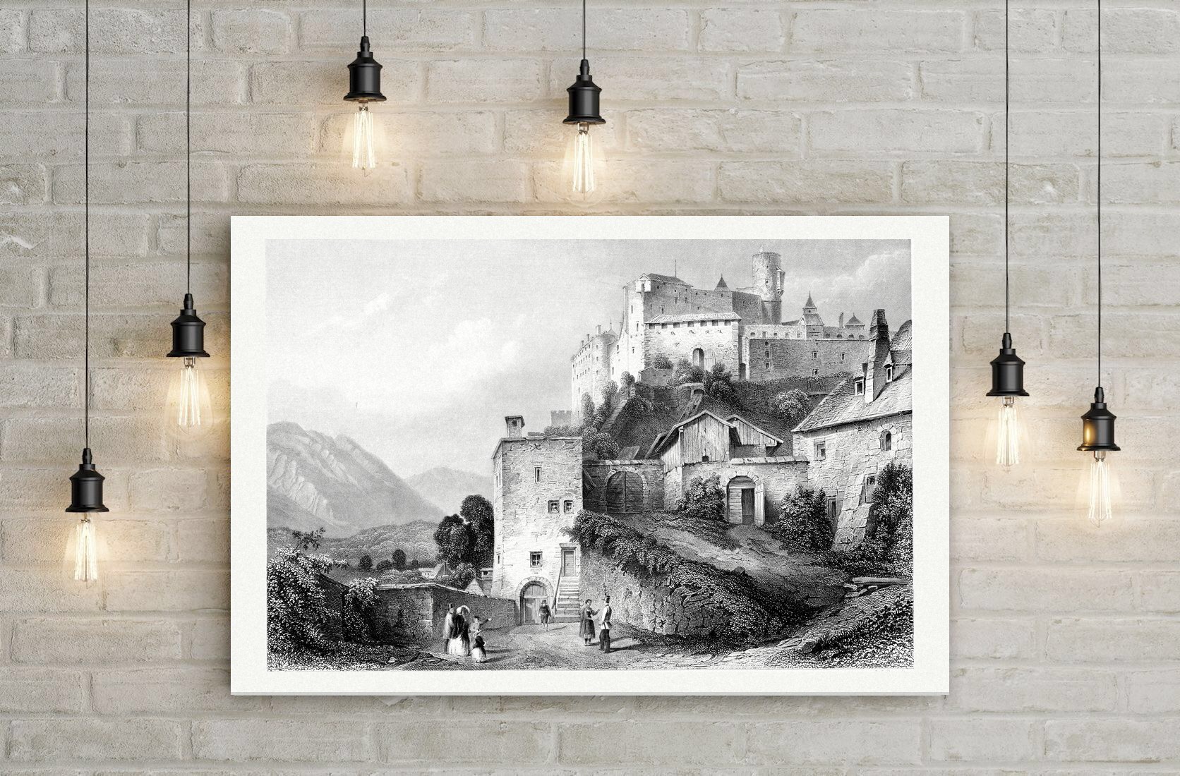 Salzburg, das Nonnbergtor unter der Festung – Stahlstich, Leinwanddruck auf Holzkeilrahmen an der Wand