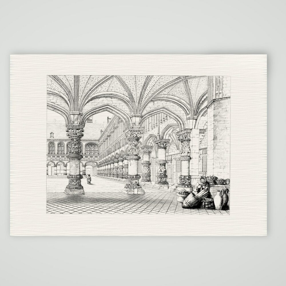 Lüttich, der Kreuzgang des Bischofspalastes – Stahlstich, Kunstdruck auf Leinenpapier