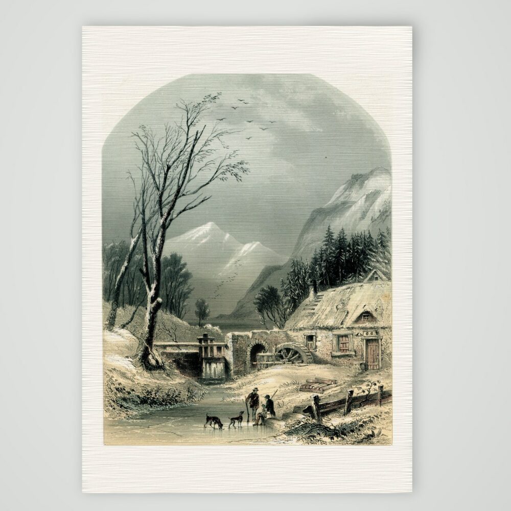 Schneidemühle bei Funäsdalen im Winter – Stahlstich, Kunstdruck auf Leinenpapier