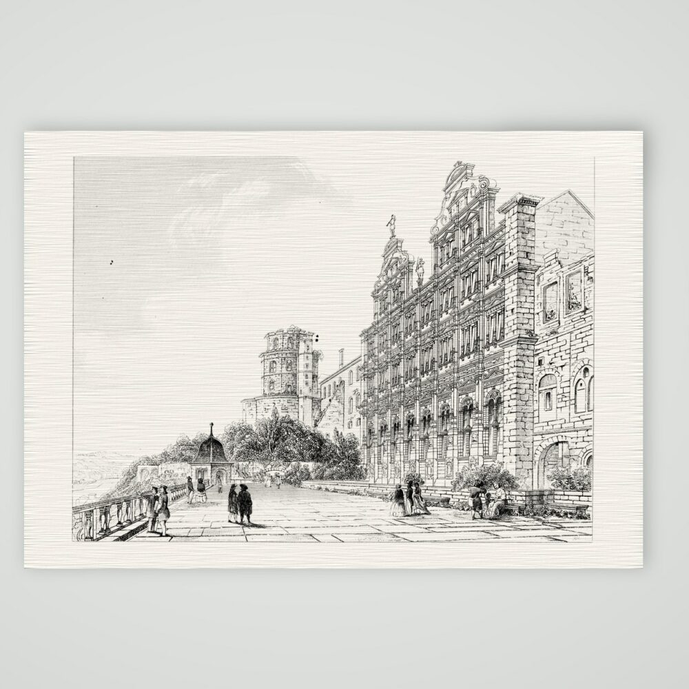 Heidelberg, die Schlossterrasse – Stahlstich, Kunstdruck auf Leinenpapier
