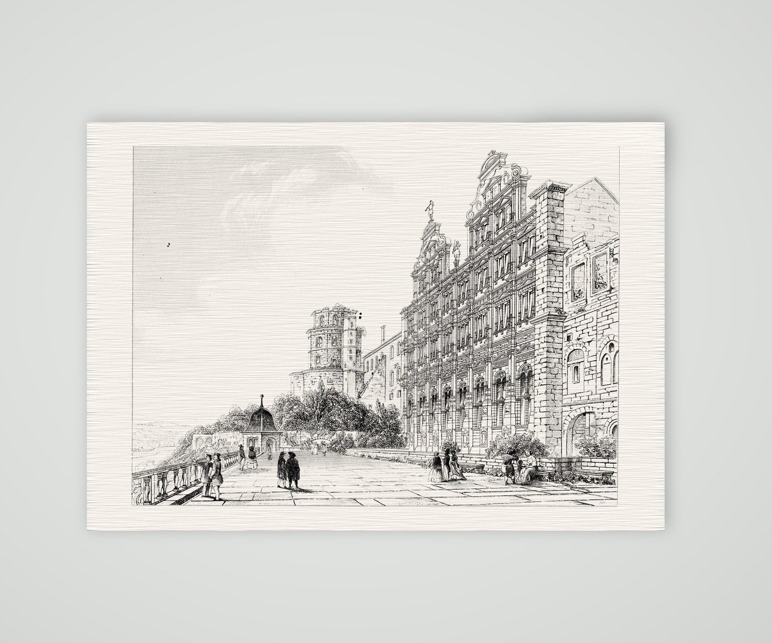Heidelberg, die Schlossterrasse – Stahlstich, Kunstdruck auf Leinenpapier