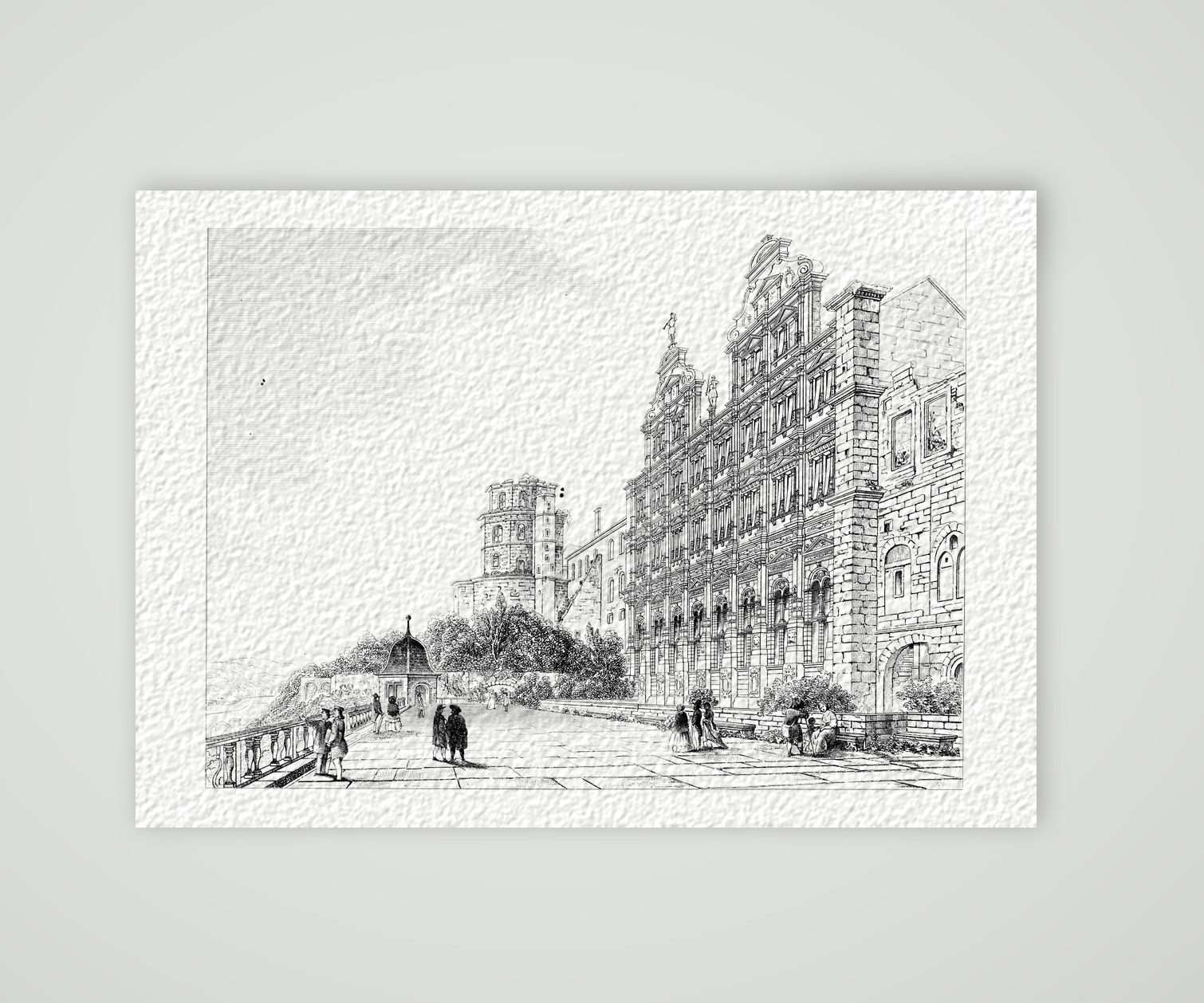 Heidelberg, die Schlossterrasse – Stahlstich, Kunstdruck auf Hahnemühle-Büttenpapier