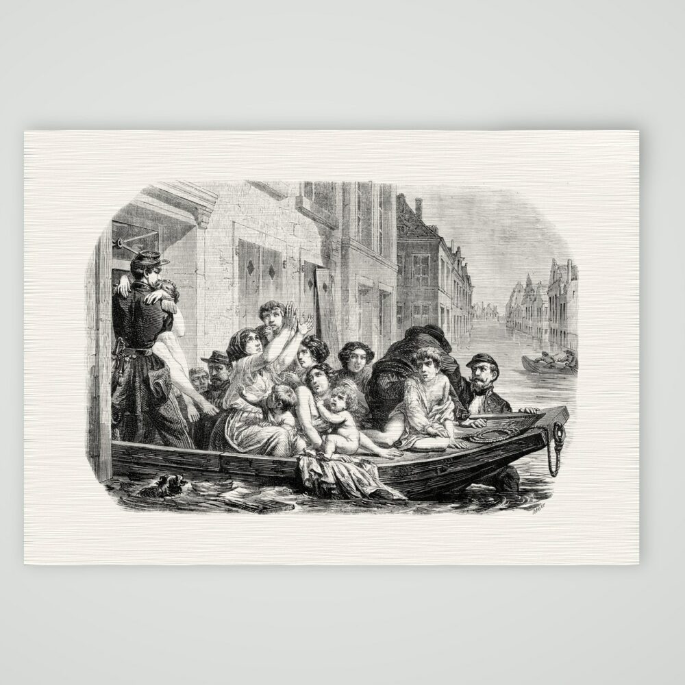 Hochwasser bei Lyon – das Rettungsboot – Stahlstich, Kunstdruck auf Leinenpapier