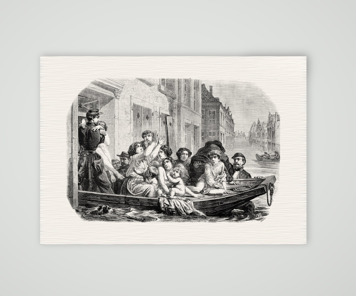 Hochwasser bei Lyon – das Rettungsboot – Stahlstich, Kunstdruck auf Leinenpapier