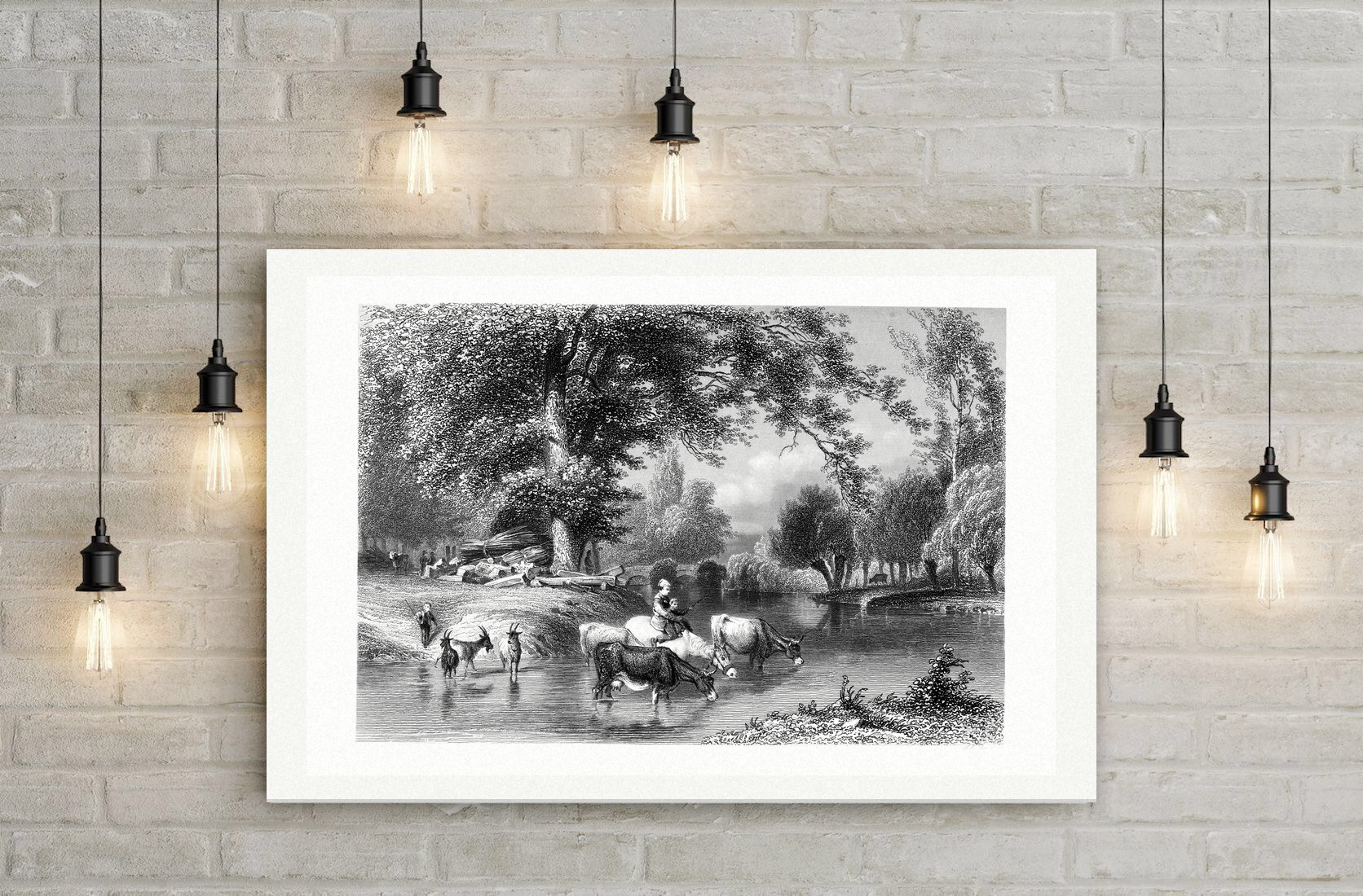 Abend am See – Stahlstich, Leinwanddruck auf Holzkeilrahmen an der Wand
