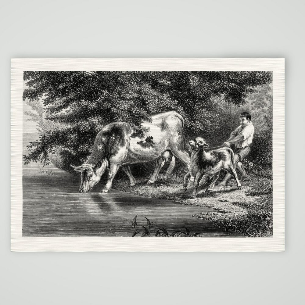 Die Tränke – Stahlstich, Kunstdruck auf Leinenpapier