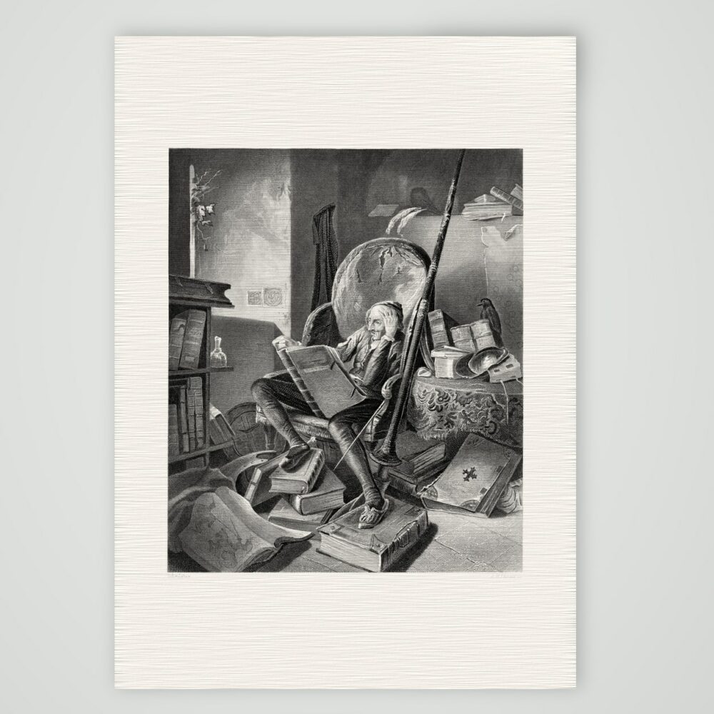 Don Quijote in seiner Studierstube – Stahlstich, Kunstdruck auf Leinenpapier