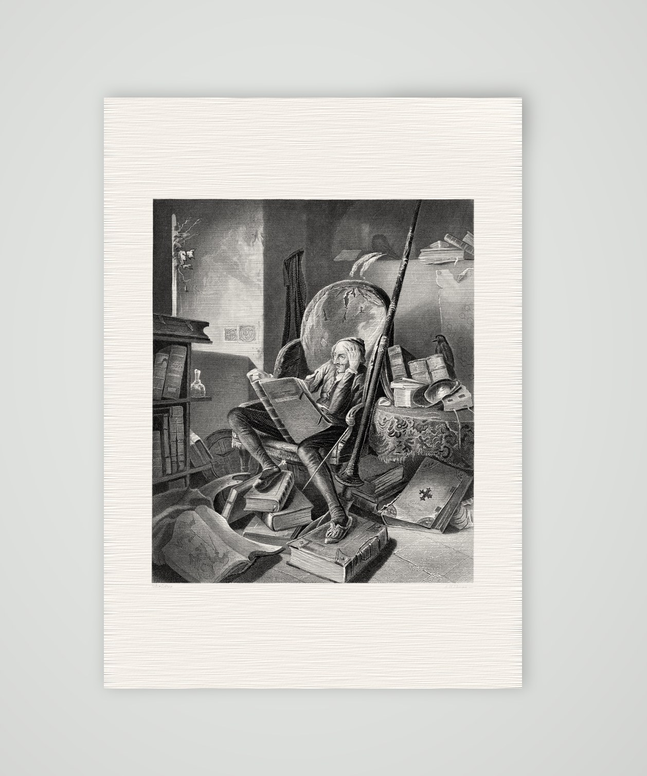 Don Quijote in seiner Studierstube – Stahlstich, Kunstdruck auf Leinenpapier