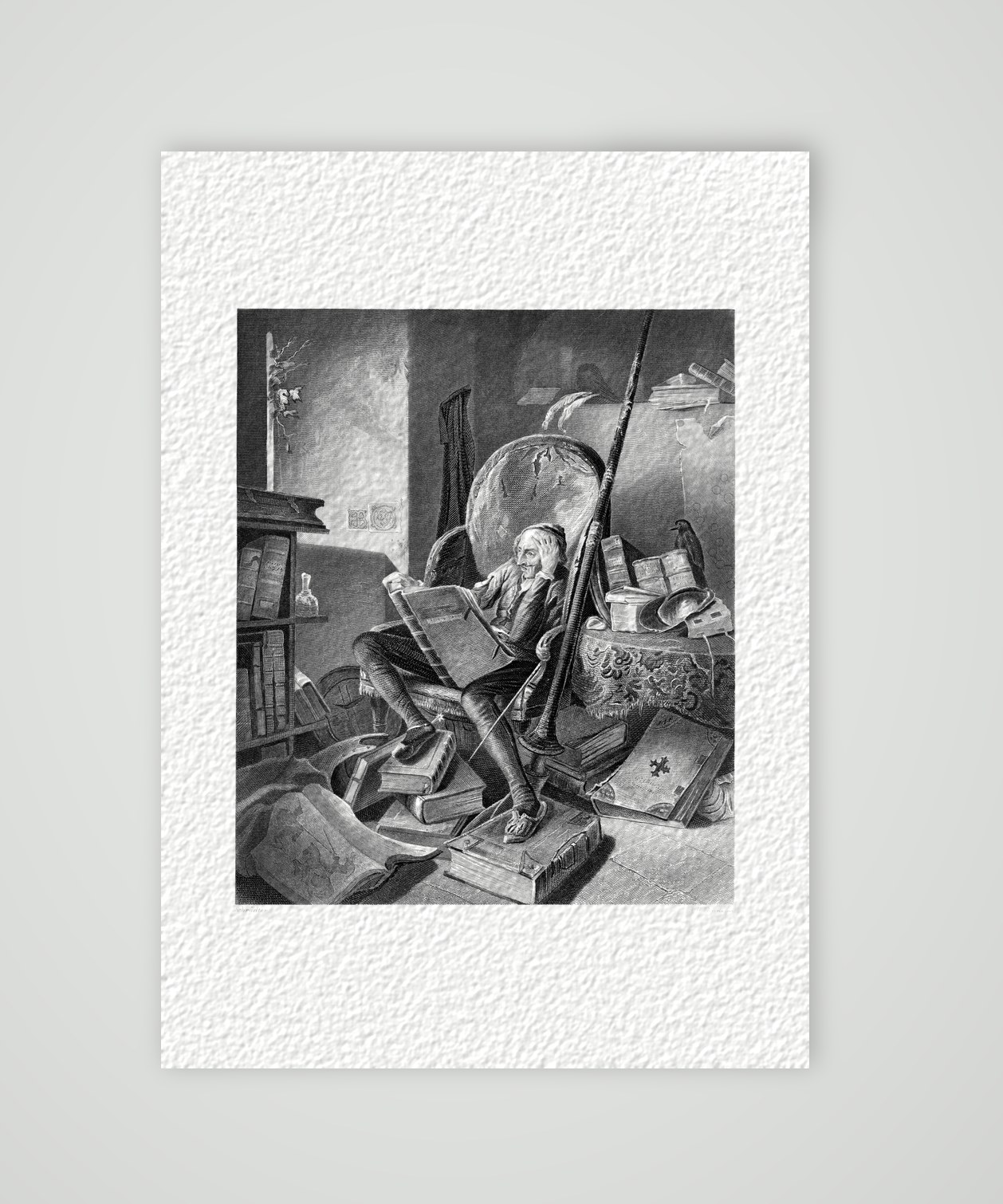 Don Quijote in seiner Studierstube – Stahlstich, Kunstdruck auf Hahnemühle-Büttenpapier