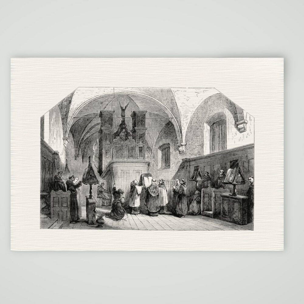 Franziskaner singen das Te Deum – Stahlstich, Kunstdruck auf Leinenpapier