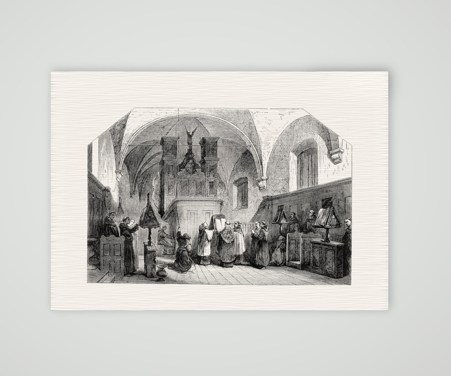 Franziskaner singen das Te Deum – Stahlstich, Kunstdruck auf Leinenpapier