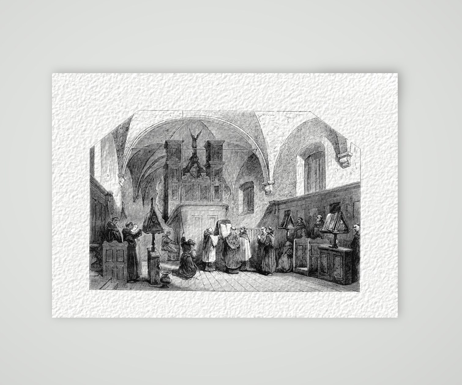 Franziskaner singen das Te Deum – Stahlstich, Kunstdruck auf Hahnemühle-Büttenpapier