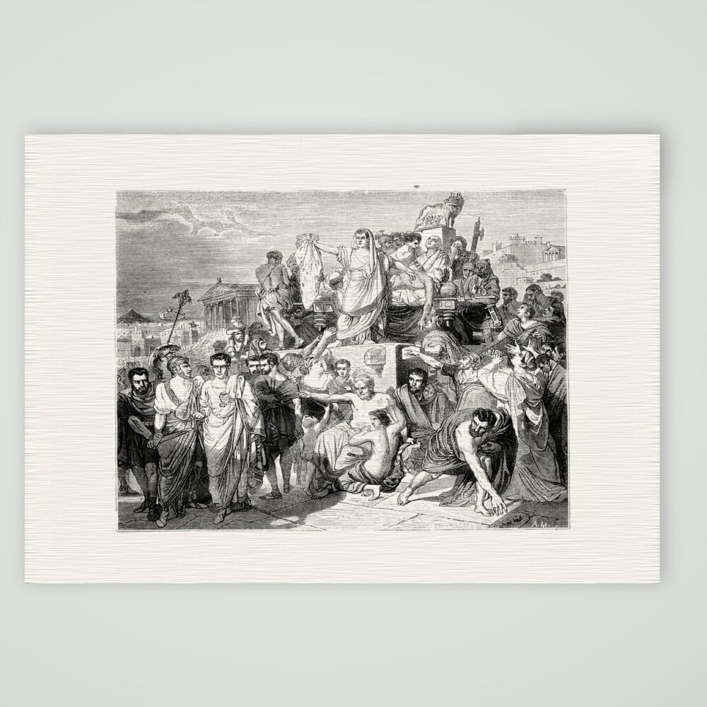 Cäsars Tod – Stahlstich, Kunstdruck auf Leinenpapier