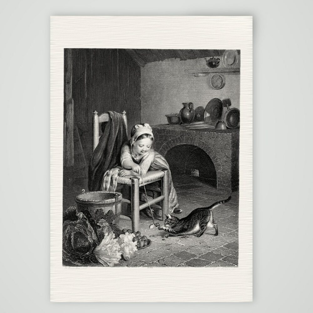 Tändelei – Mädchen mit Katze – Stahlstich, Kunstdruck auf Leinenpapier