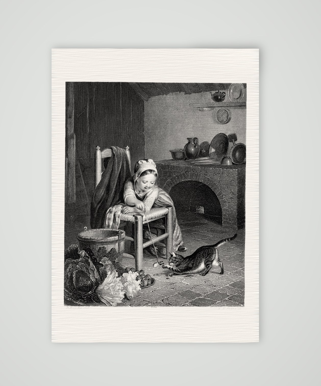 Tändelei – Mädchen mit Katze – Stahlstich, Kunstdruck auf Leinenpapier