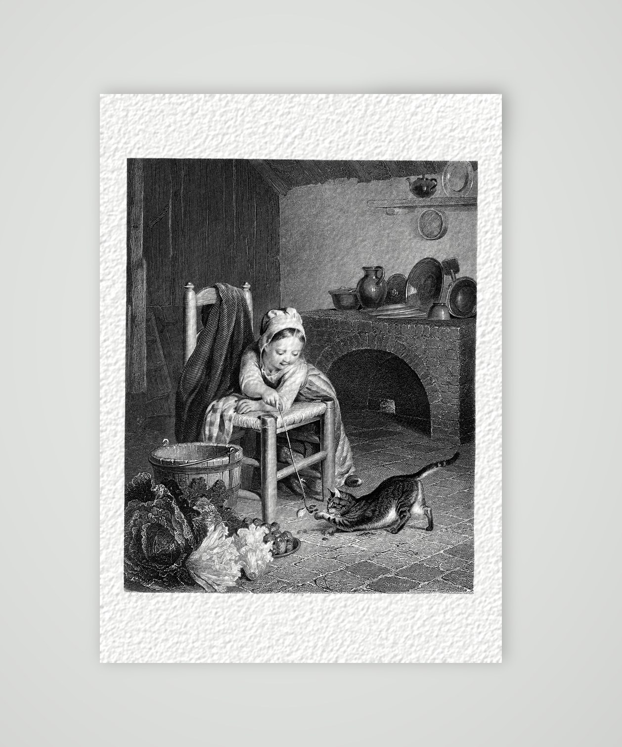 Tändelei – Mädchen mit Katze – Stahlstich, Kunstdruck auf Hahnemühle-Büttenpapier