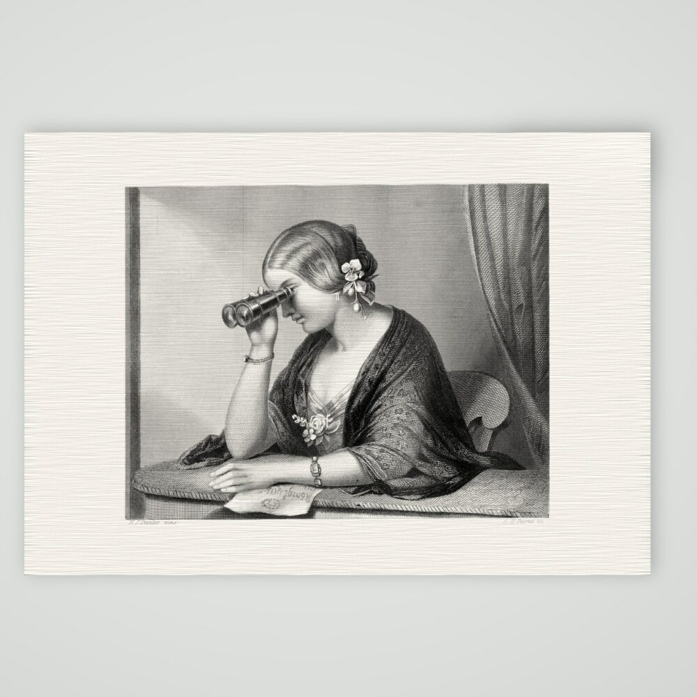Isabelle mit dem Fernrohr – Stahlstich, Kunstdruck auf Leinenpapier
