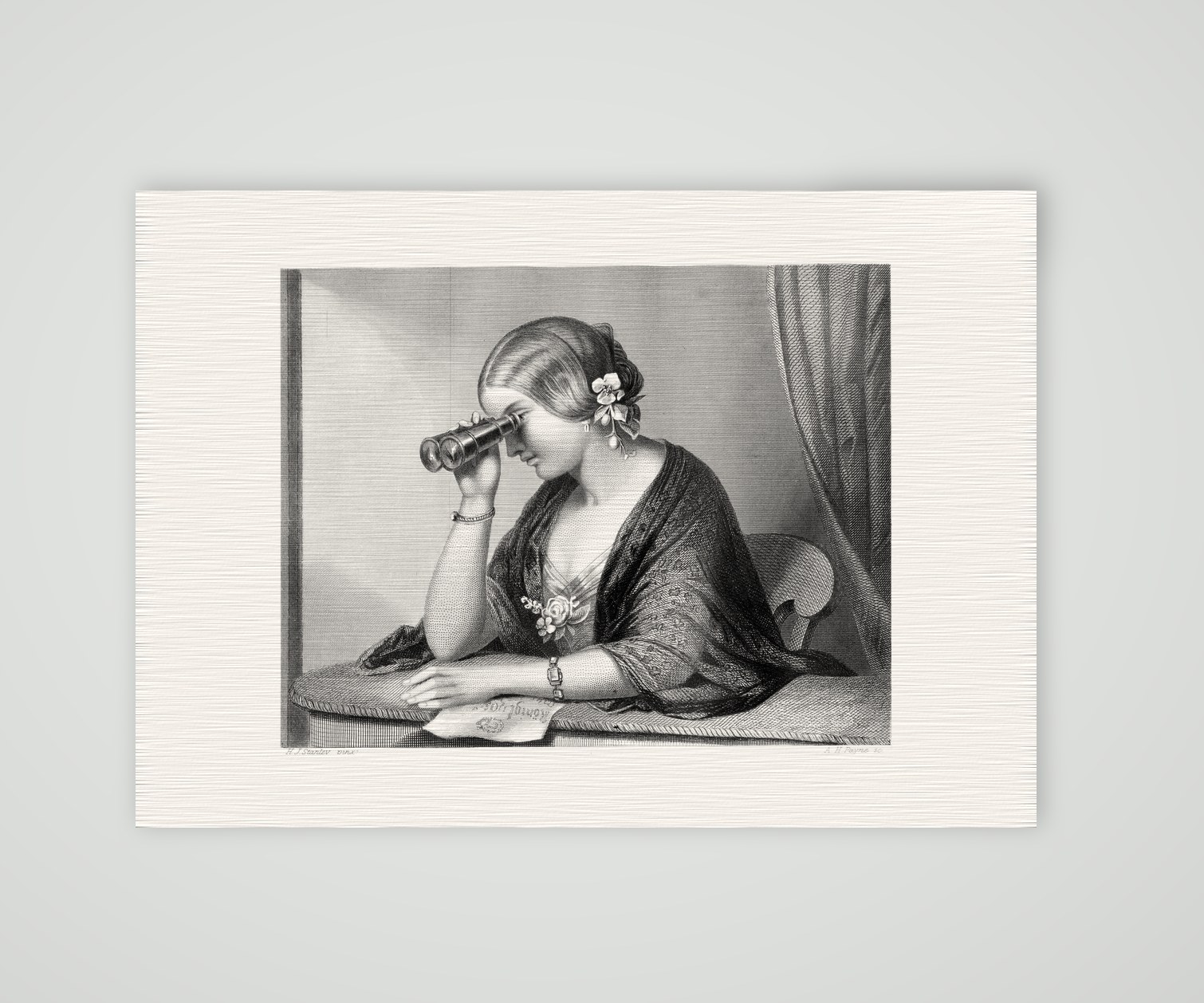 Isabelle mit dem Fernrohr – Stahlstich, Kunstdruck auf Leinenpapier