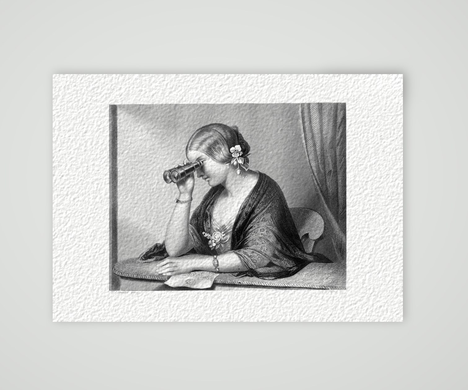 Isabelle mit dem Fernrohr – Stahlstich, Kunstdruck auf Hahnemühle-Büttenpapier