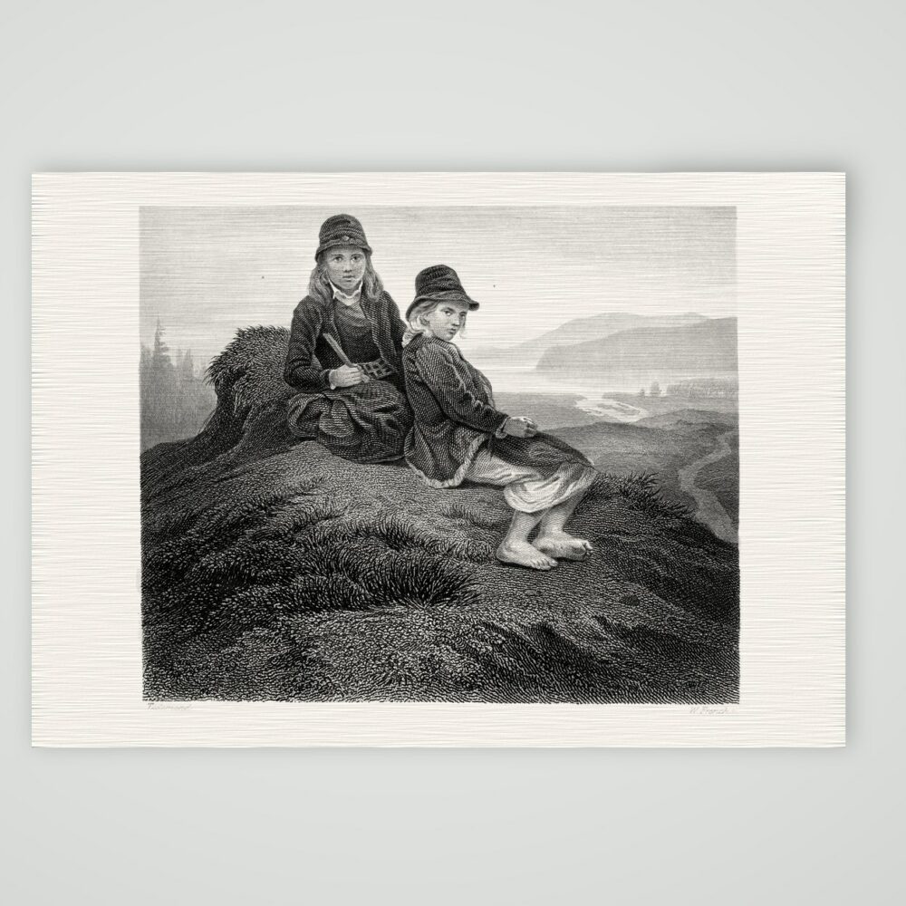 Norwegische Hirtenknaben – Stahlstich, Kunstdruck auf Leinenpapier