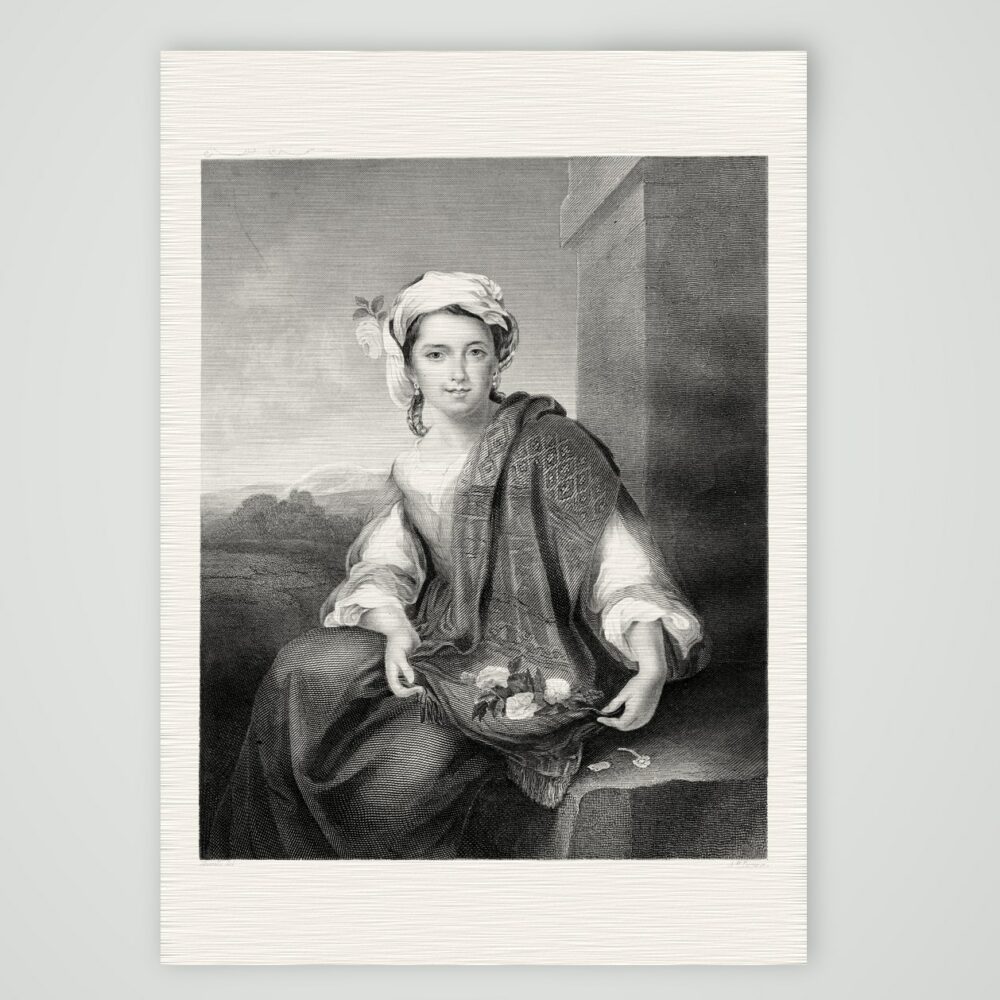 Das Blumenmädchen – Stahlstich, Kunstdruck auf Leinenpapier