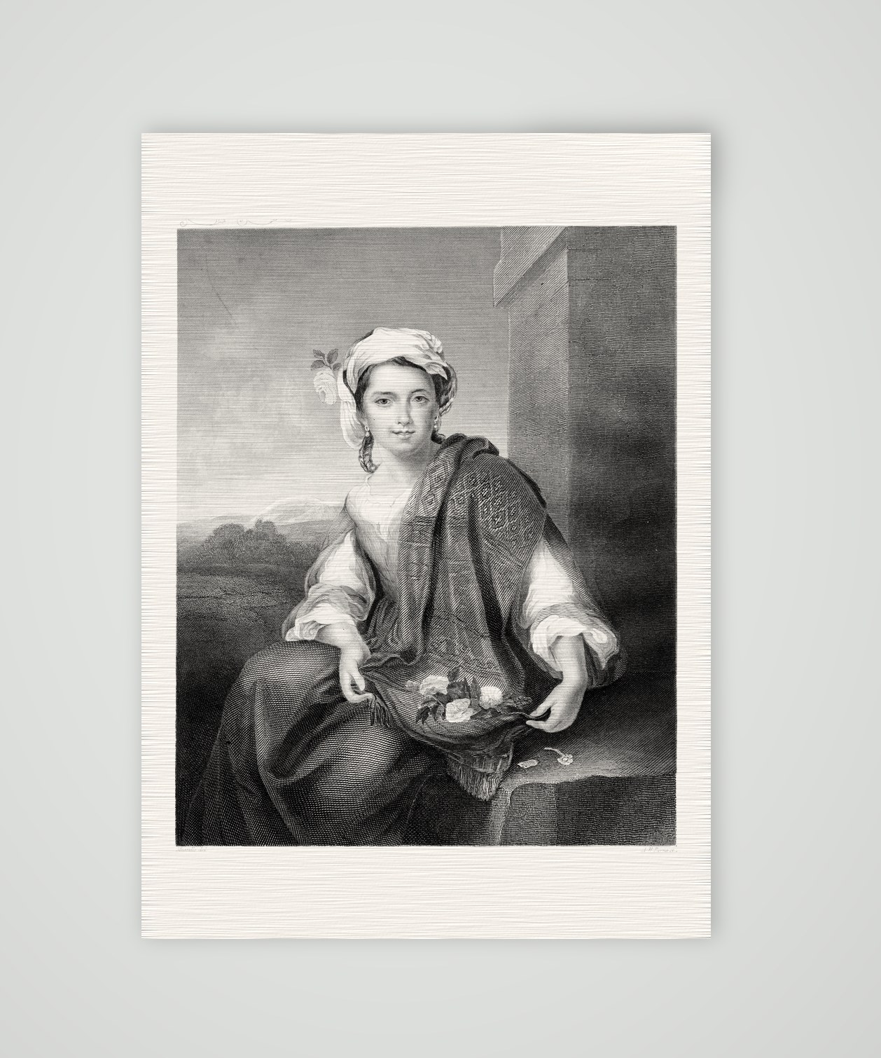 Das Blumenmädchen – Stahlstich, Kunstdruck auf Leinenpapier