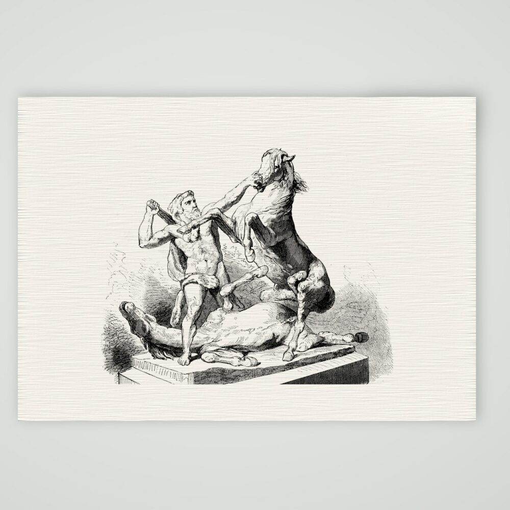 Herakles und die Rosse des Diomedes – Stahlstich, Kunstdruck auf Leinenpapier