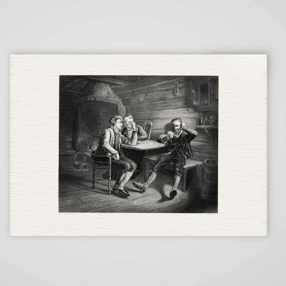 Norwegische Landleute beim Kartenspiel – Stahlstich, Kunstdruck auf Leinenpapier