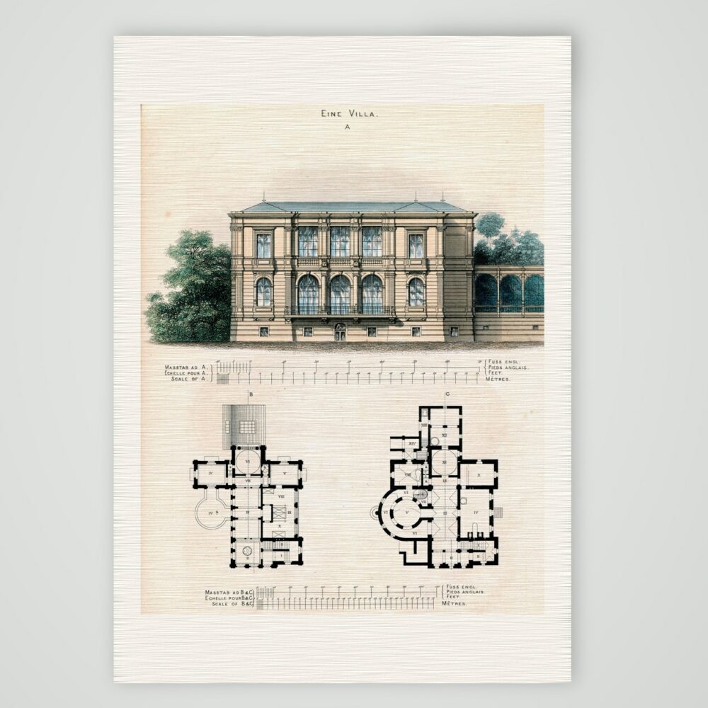 Entwurf einer Villa – Stahlstich, Kunstdruck auf Leinenpapier