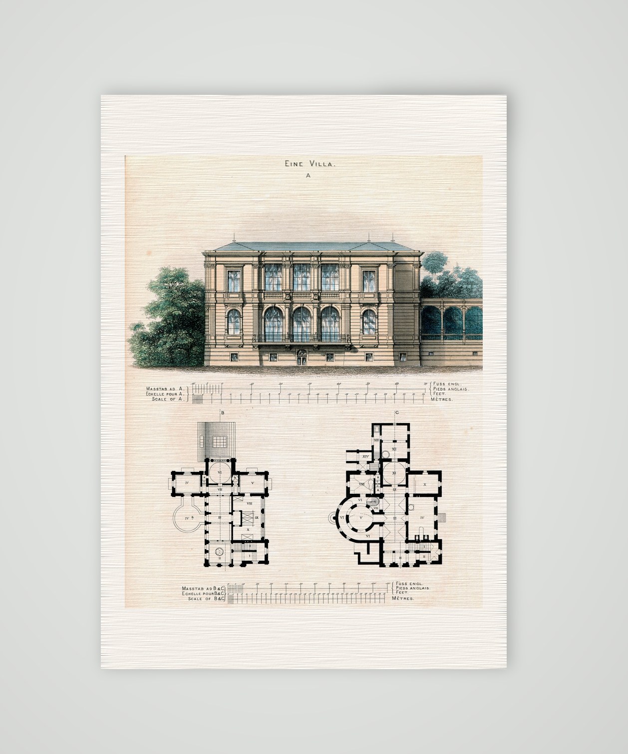 Entwurf einer Villa – Stahlstich, Kunstdruck auf Leinenpapier