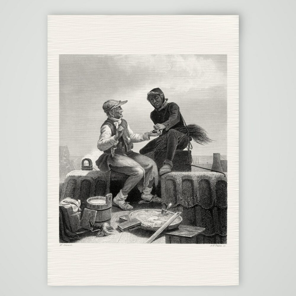 Kann ich dienen? – Schornsteinfeger auf dem Dach – Stahlstich, Kunstdruck auf Leinenpapier