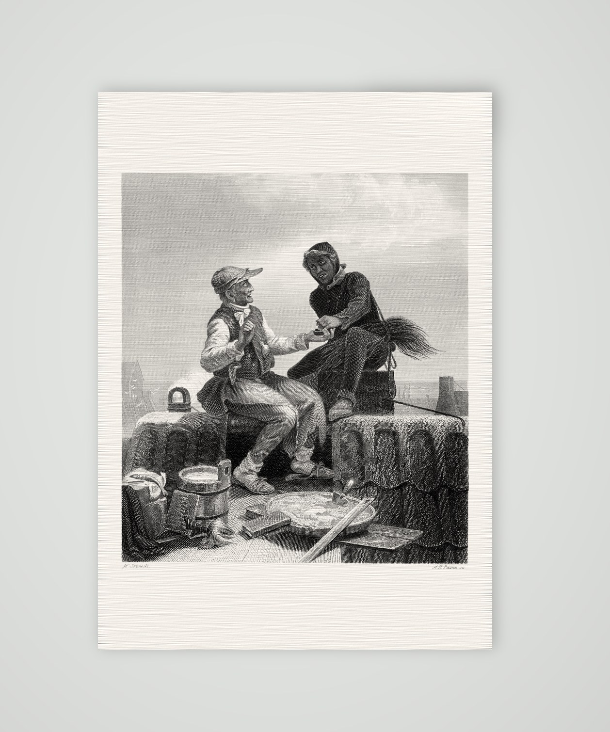 Kann ich dienen? – Schornsteinfeger auf dem Dach – Stahlstich, Kunstdruck auf Leinenpapier