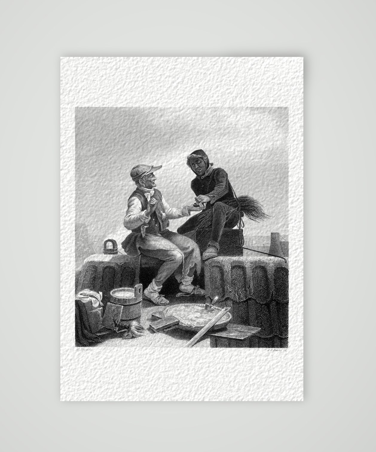 Kann ich dienen? – Schornsteinfeger auf dem Dach – Stahlstich, Kunstdruck auf Hahnemühle-Büttenpapier