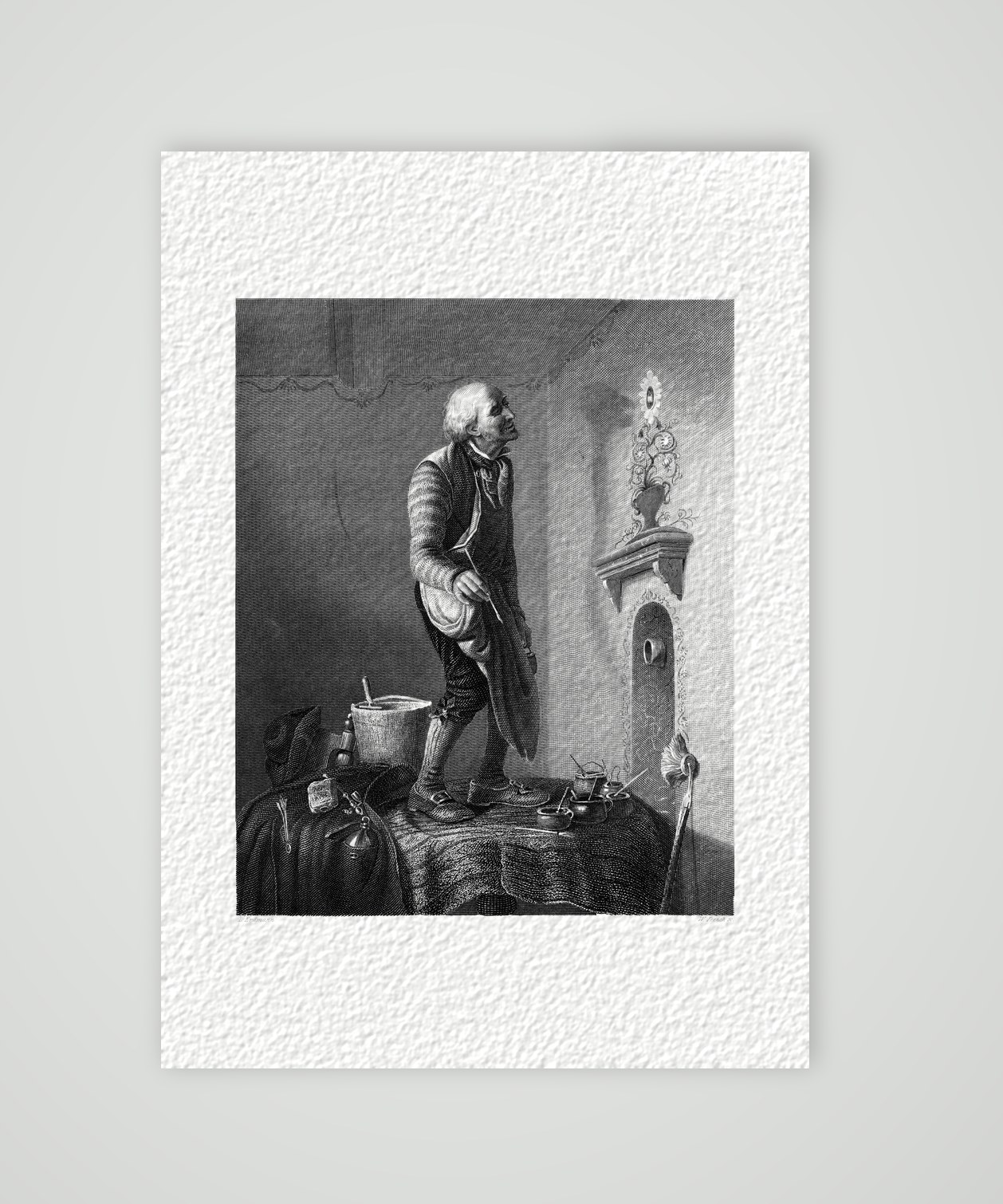Ein Prachtstück! – der Uhrenliebhaber – Stahlstich, Kunstdruck auf Hahnemühle-Büttenpapier