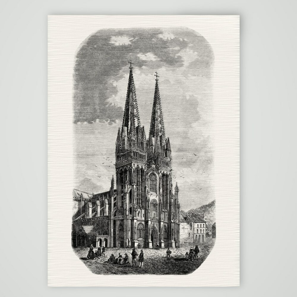 Quimper, die Kathedrale – Stahlstich, Kunstdruck auf Leinenpapier