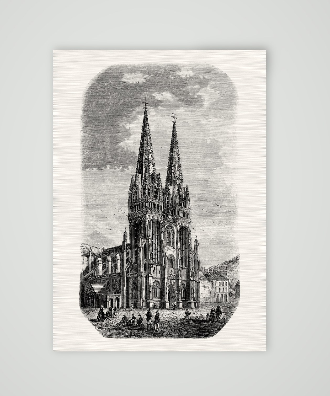 Quimper, die Kathedrale – Stahlstich, Kunstdruck auf Leinenpapier